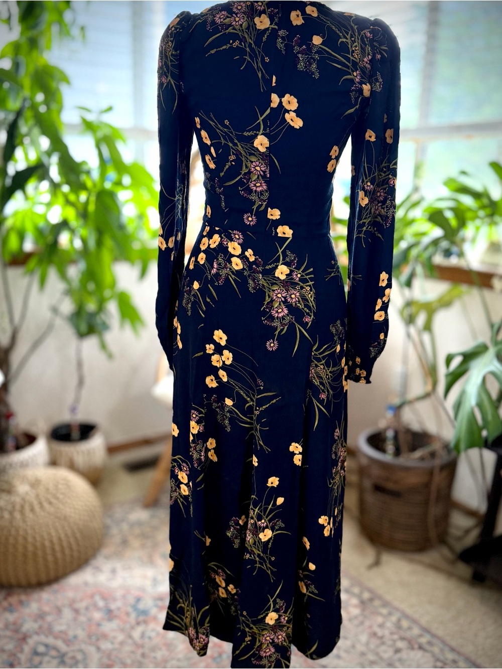 REFORMATION Boho Wallflower Midi Dress Navy Long Sleeve Slit Sweetheart Size 0 - Picture 7 of 16